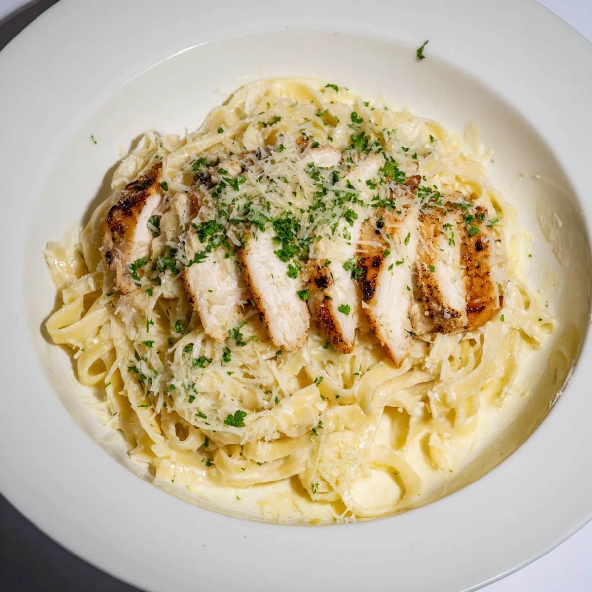 Creamy chicken Alfredo with fresh parsley, a comforting pasta dinner ready to serve.