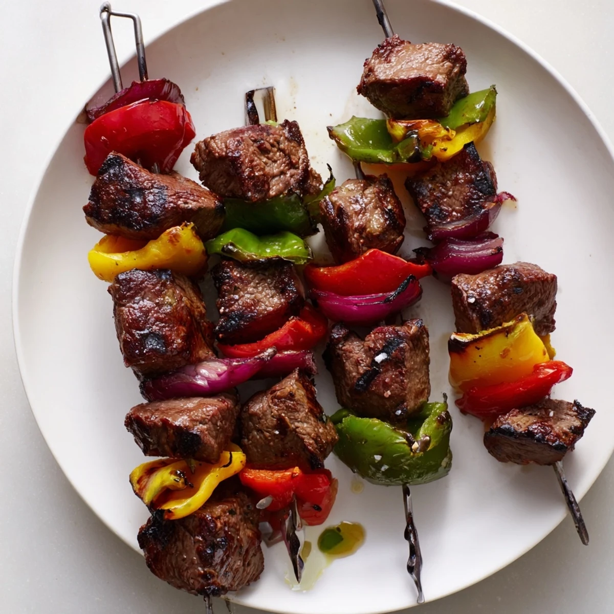 Juicy Beef Kebabs sizzling on the grill, ready to be served hot with colorful bell peppers.
