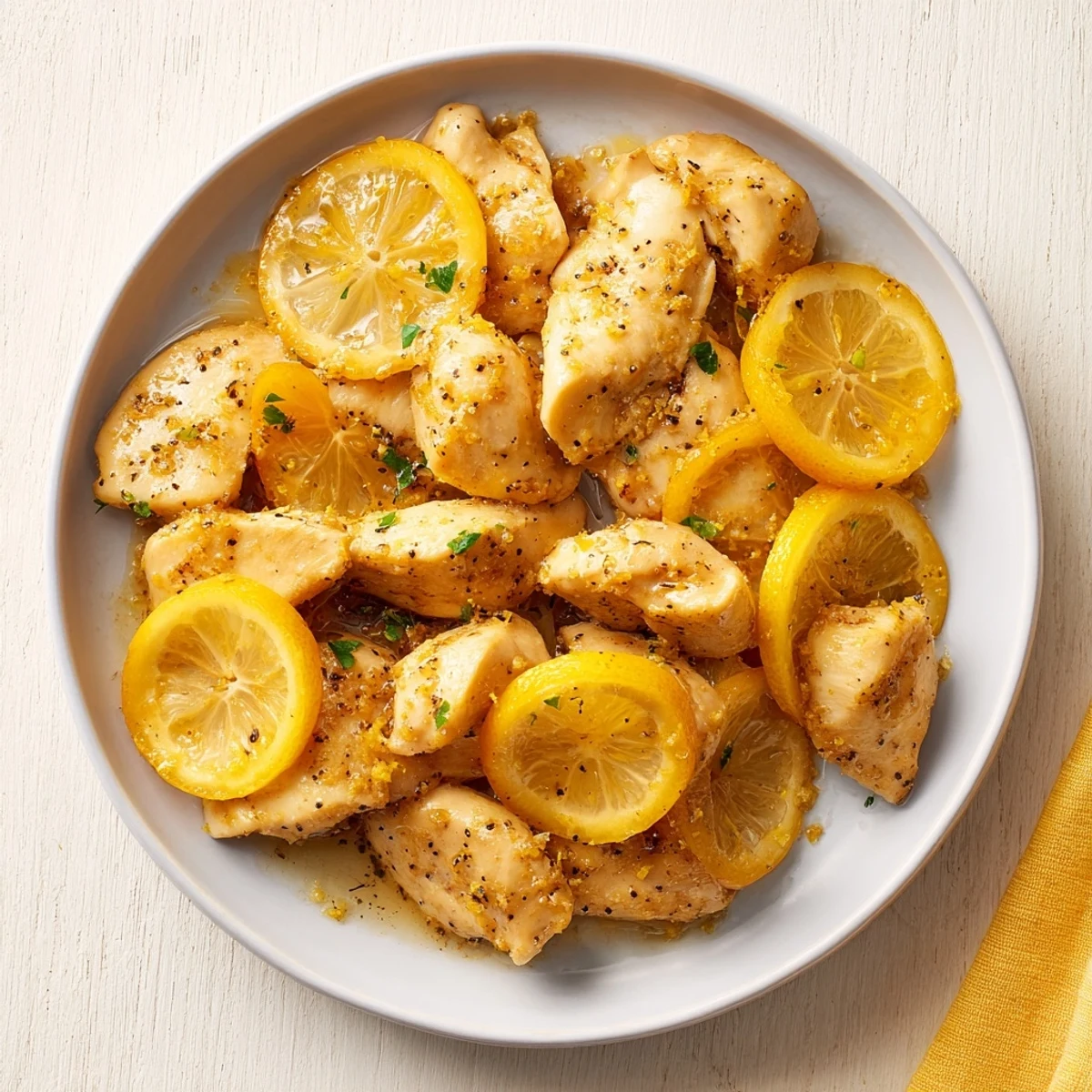 Baked Lemon Pepper Chicken with glistening skin, garnished with fresh parsley and lemon.
