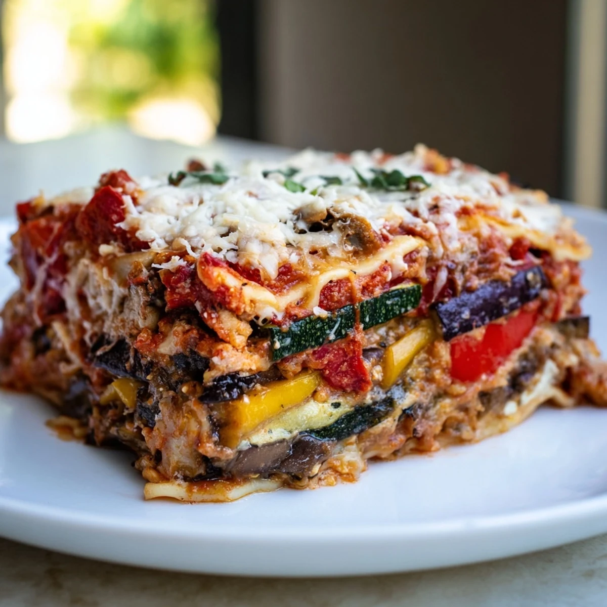 A bubbling Roasted Vegetable Lasagna with golden cheese, perfect for a cozy Italian dinner at home.