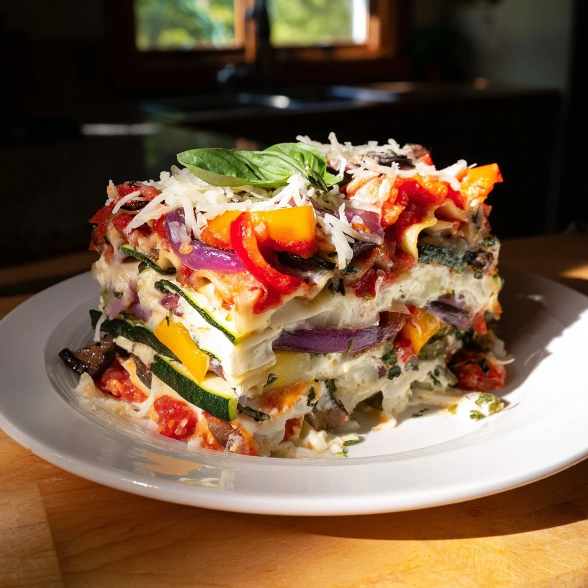 Close-up of a flavorful Roasted Vegetable Lasagna: layers of vegetables, cheese, and sauce visible.