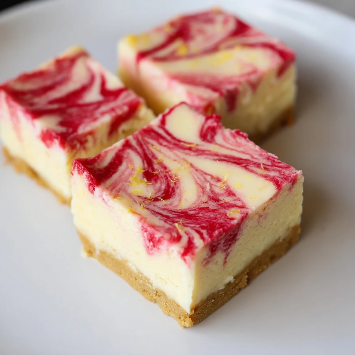Brightly lit image of Lemon Raspberry Cheesecake Bars, showcasing the creamy, layered dessert.