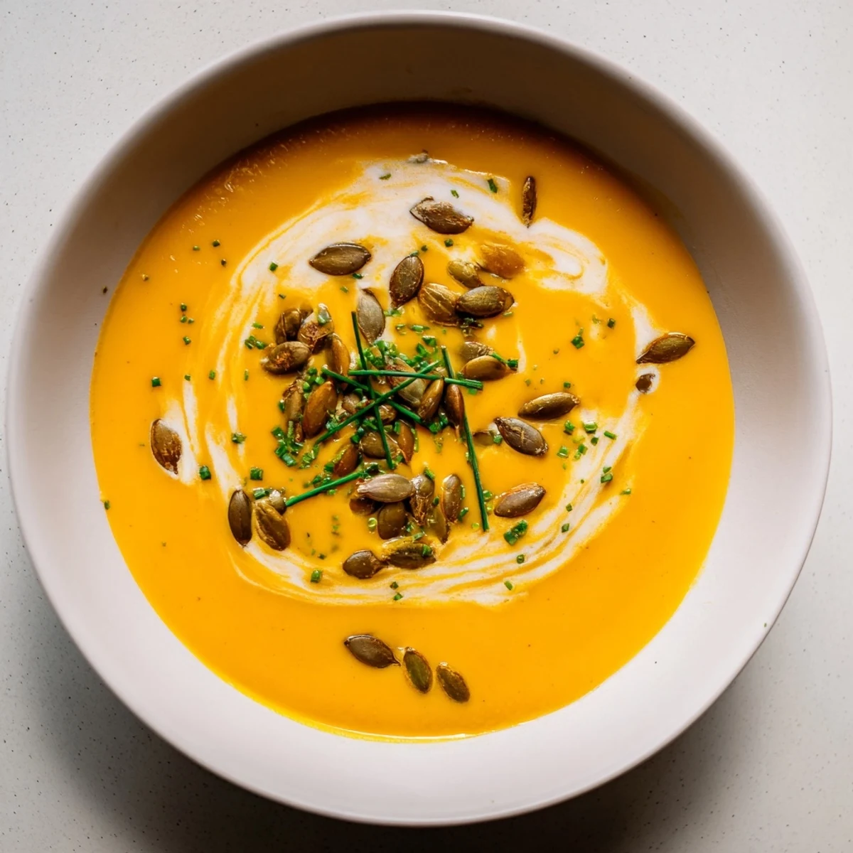 Aromatic Savory Pumpkin Soup, garnished with fresh herbs and a swirl of cream.