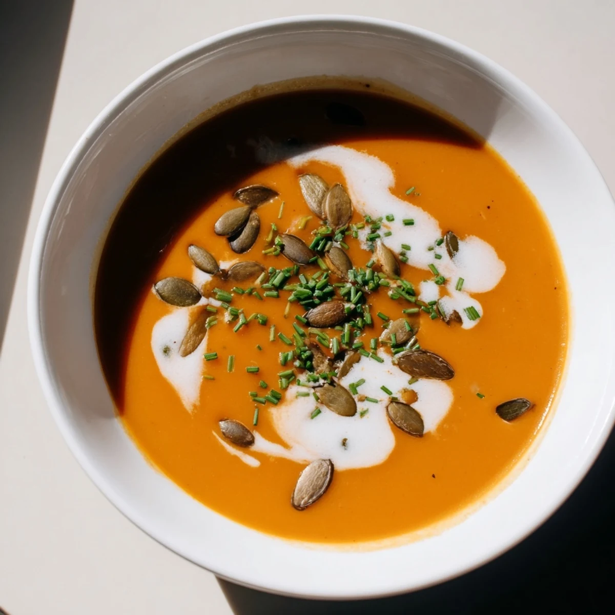 Golden-orange bowl of Savory Pumpkin Soup, ready to be served hot.