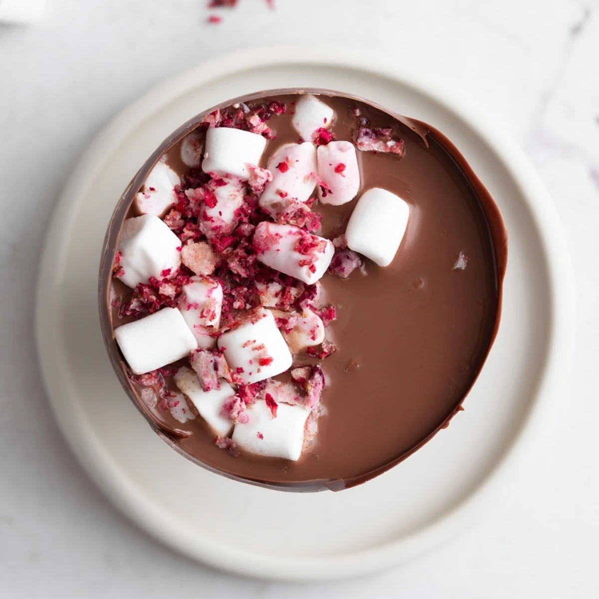 Peppermint Hot Cocoa Bombs shown melting into a mug of warm, creamy hot chocolate with marshmallows.