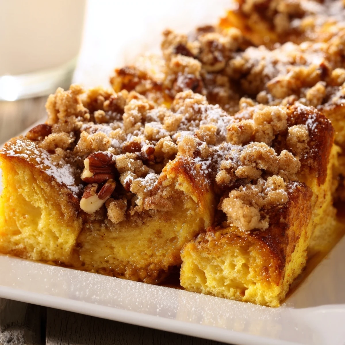 Golden-brown Baked French Toast Casserole, topped with streusel, ready to serve with warm maple syrup.