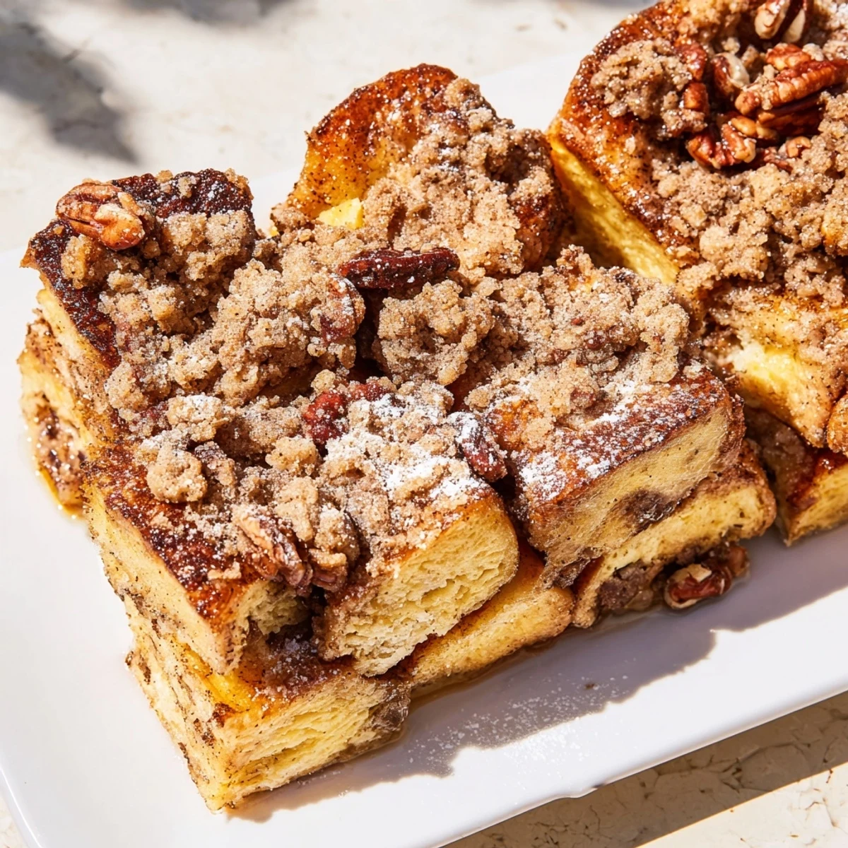 A bubbly Baked French Toast Casserole features custardy bread baked until golden in a baking dish.