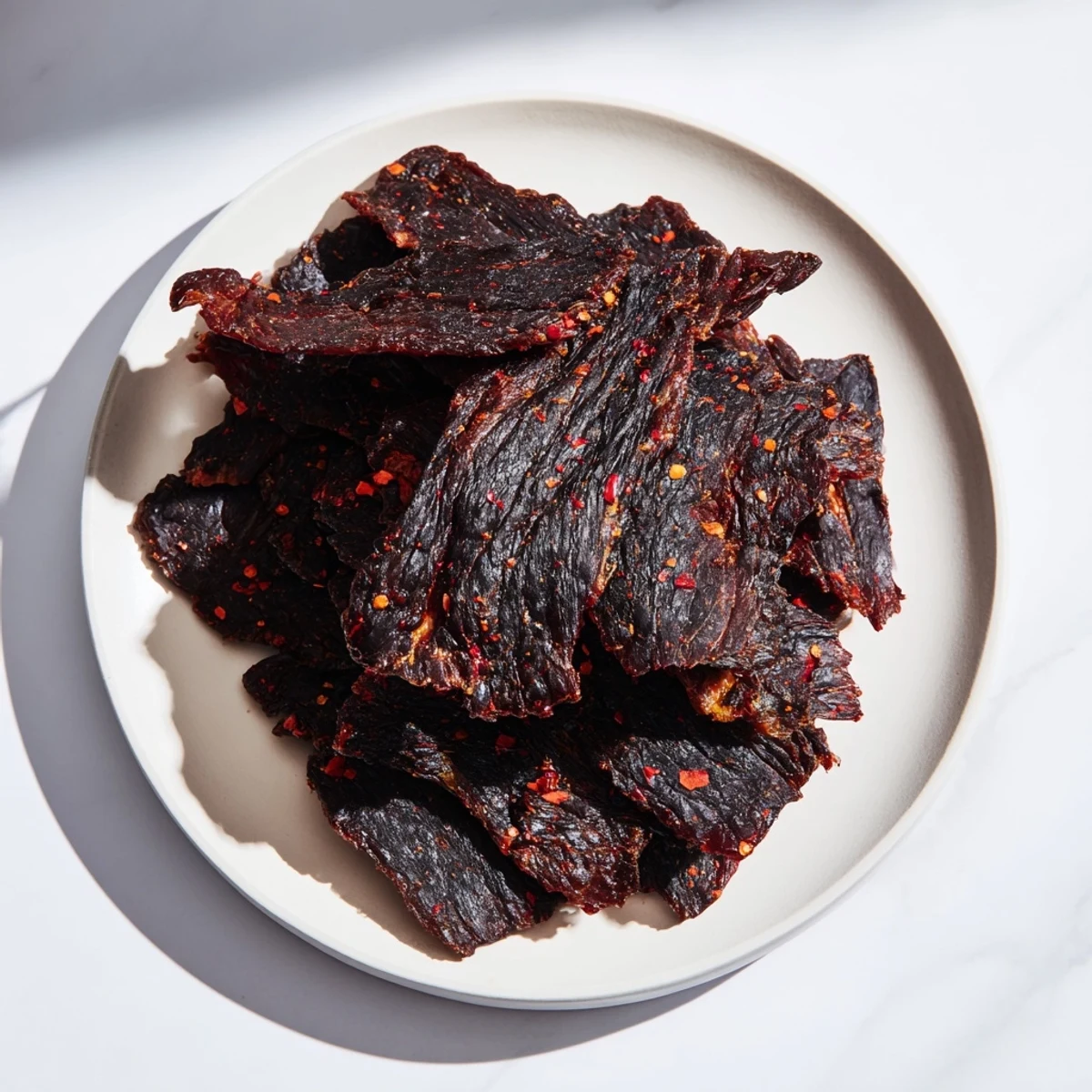 Tender, savory homemade beef jerky, ready to eat: a close-up of thinly sliced, dried beef.