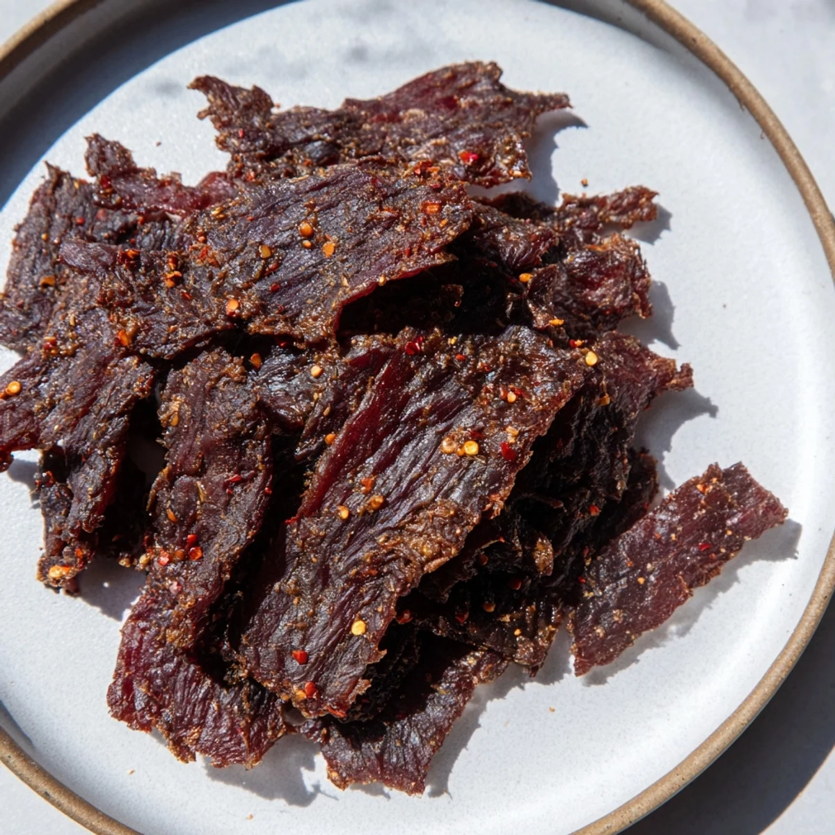 Close-up of delicious, homemade beef jerky: chewy texture, spiced strips prepared for eating.