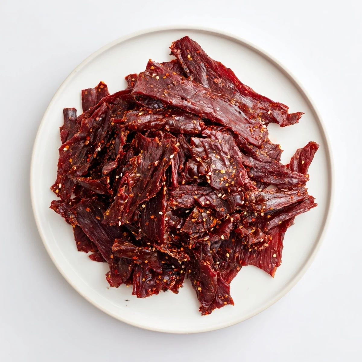 Homemade beef jerky, dark and flavorful, perfect for protein; ready to enjoy as a snack.