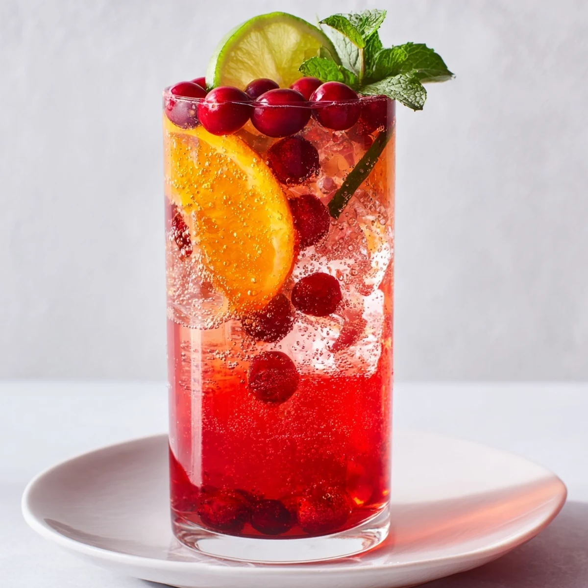 A close-up of a bubbly Cranberry Juice Sparkler, perfect for a festive, non-alcoholic drink.