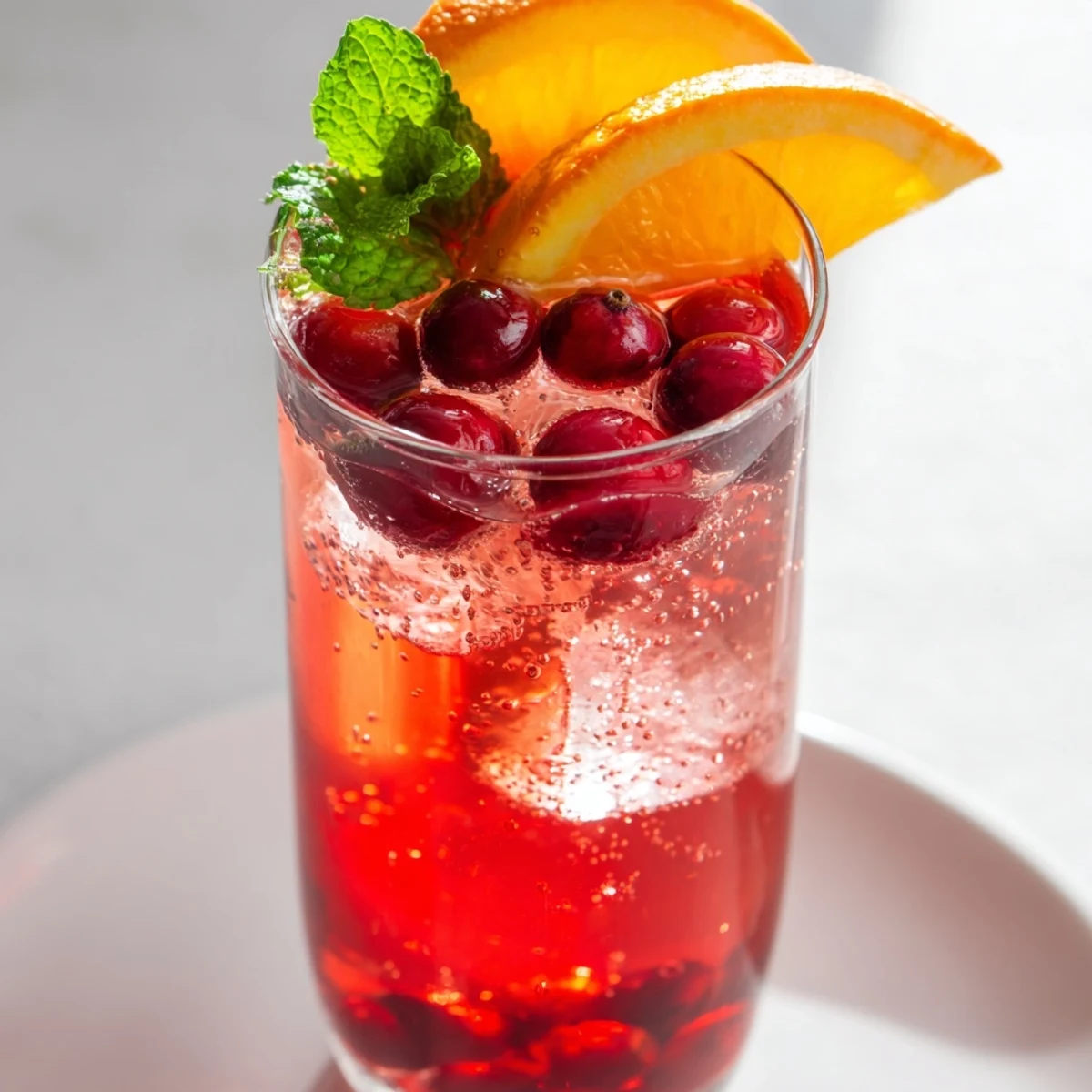 A tall glass of Cranberry Juice Sparkler, garnished with fresh cranberries and citrus slices.
