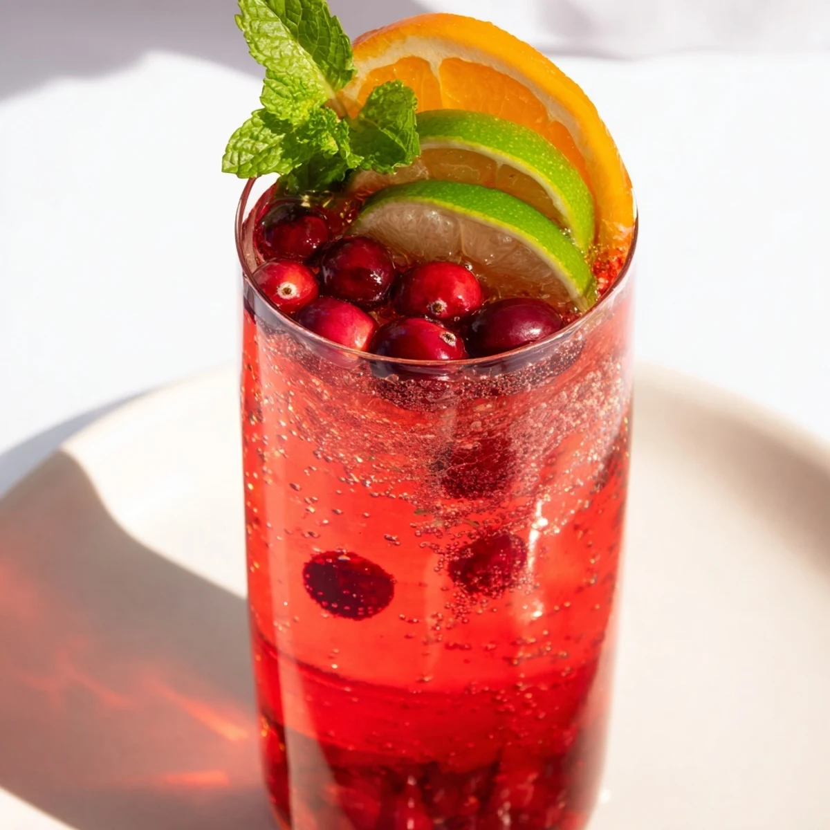 Bright red Cranberry Juice Sparkler poured over ice; a refreshing American mocktail to enjoy.