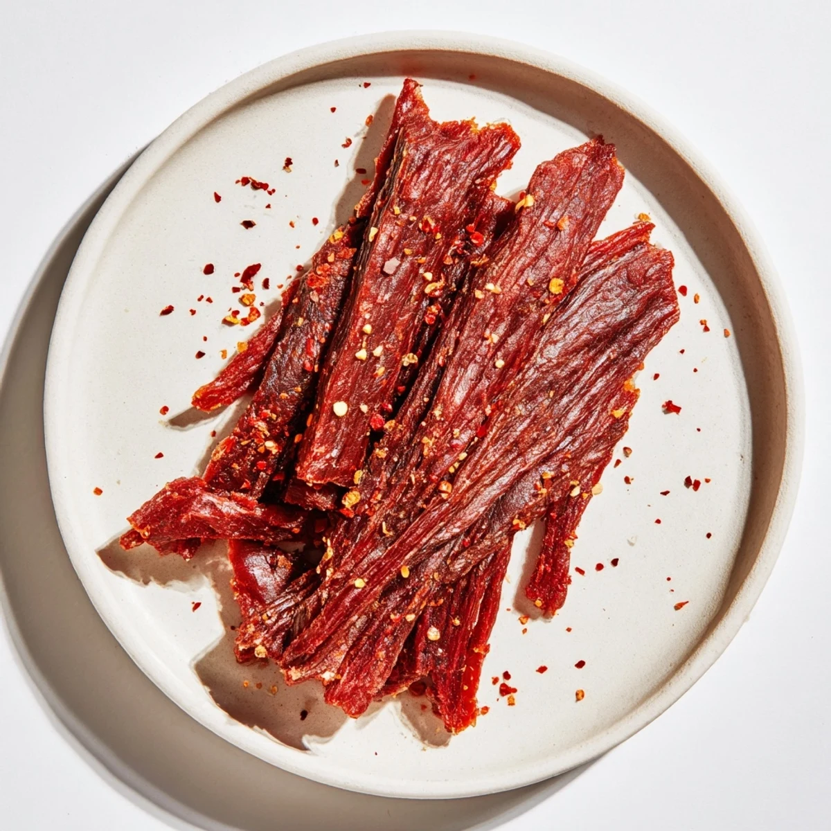 Close-up photo of delicious beef jerky, smoky and savory, ideal for a protein-packed snack.
