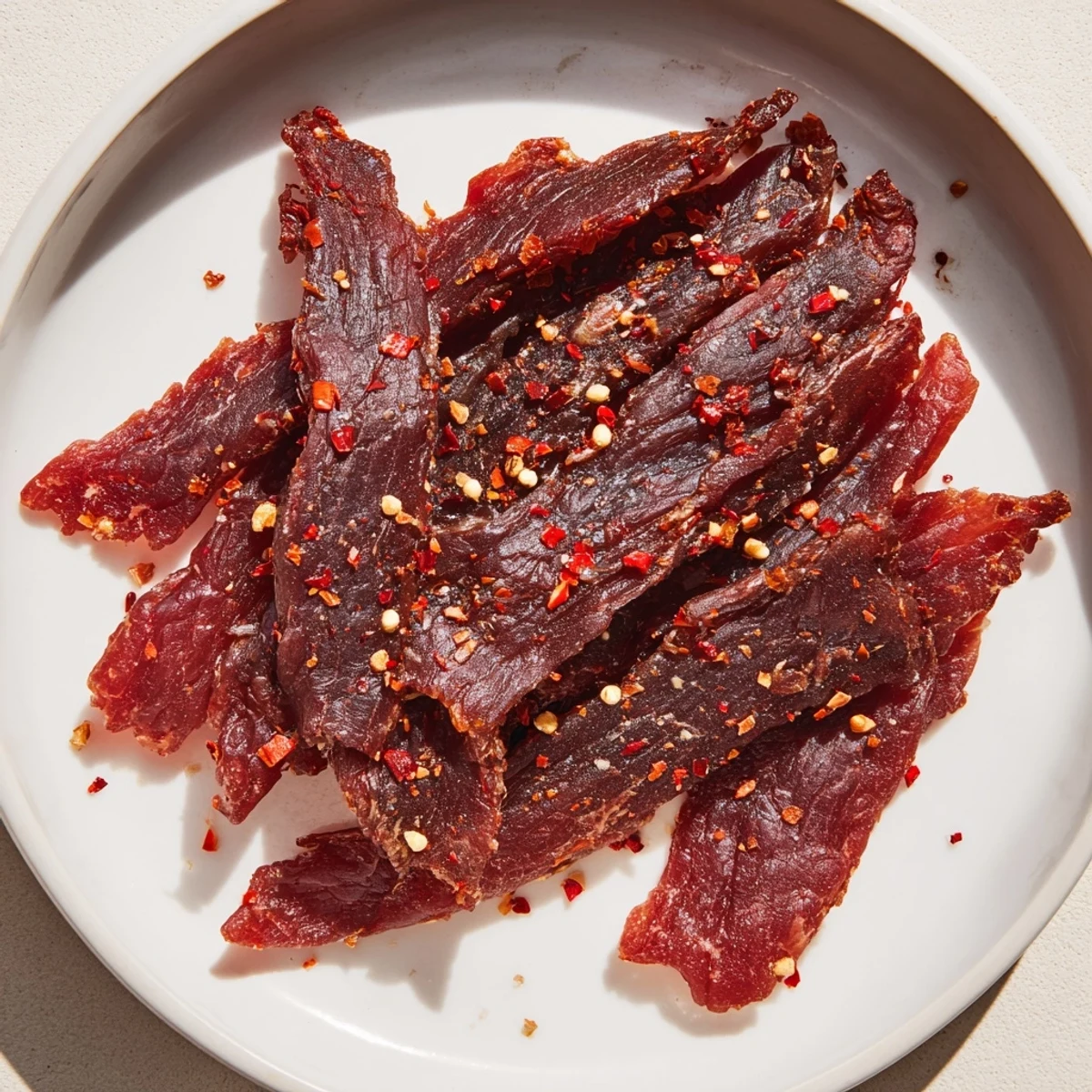 Tender strips of homemade beef jerky, rich brown and perfectly textured, ready to eat.