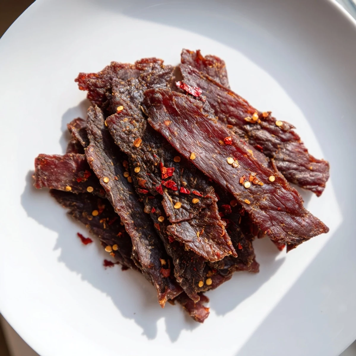 Homemade beef jerky, air-dried and glistening, a flavorful American snack for your next adventure.