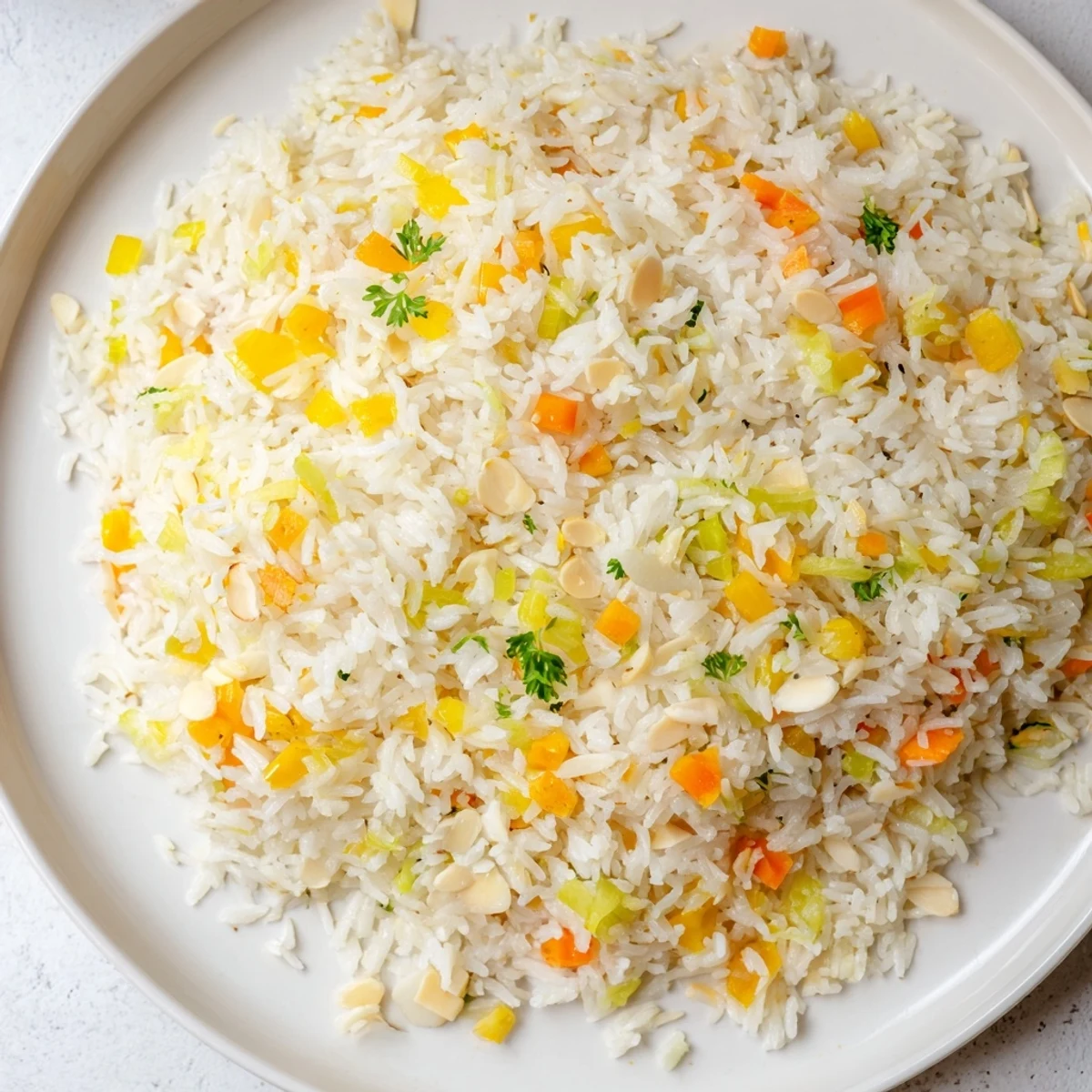A photo shows a fluffy Savory Rice Pilaf, steaming and garnished with fresh parsley and crunchy nuts.