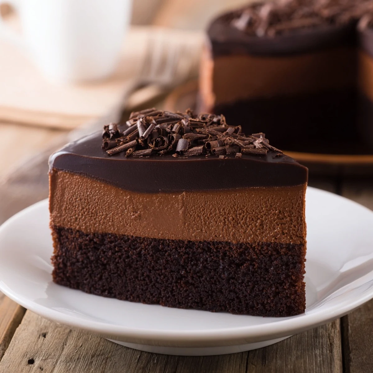 Rich and layered Chocolate Mousse Cake with glossy ganache, a decadent dessert to celebrate.