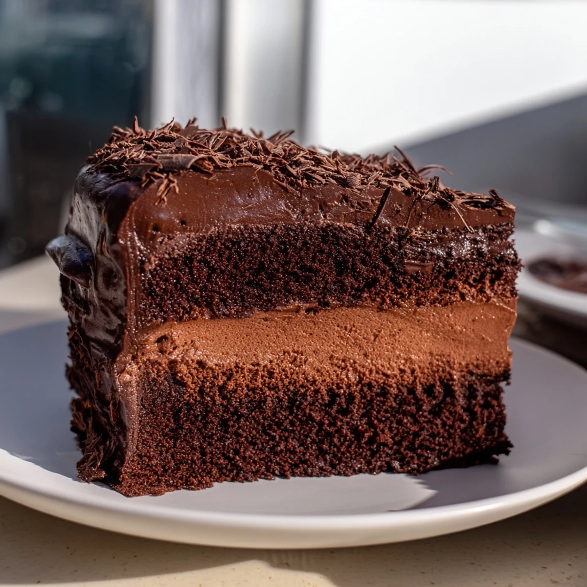 Silky, smooth chocolate mousse on top of a moist cake base, the delicious Chocolate Mousse Cake is ready.
