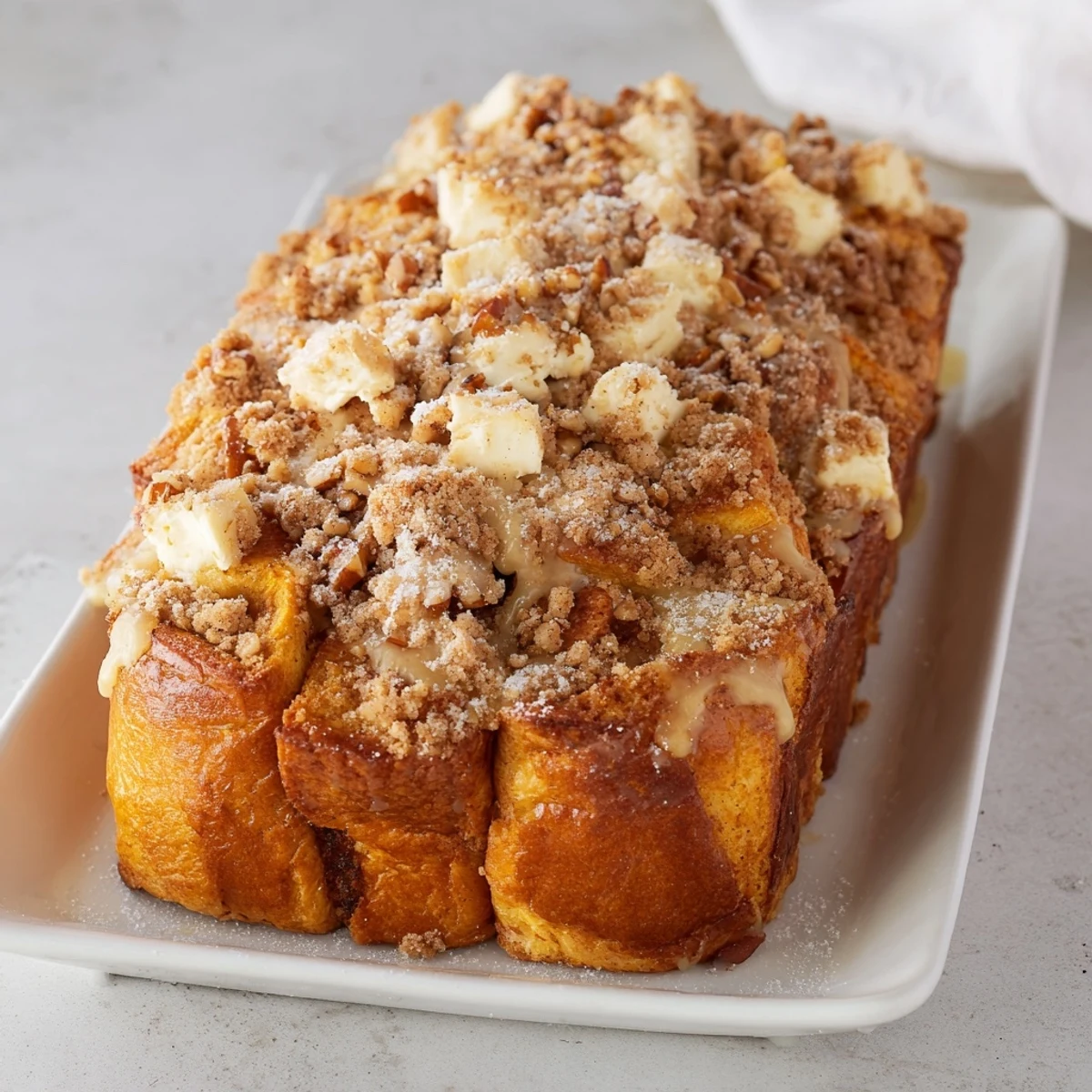 Golden-brown Baked French Toast Casserole, a comforting breakfast with streusel topping and warm maple syrup.