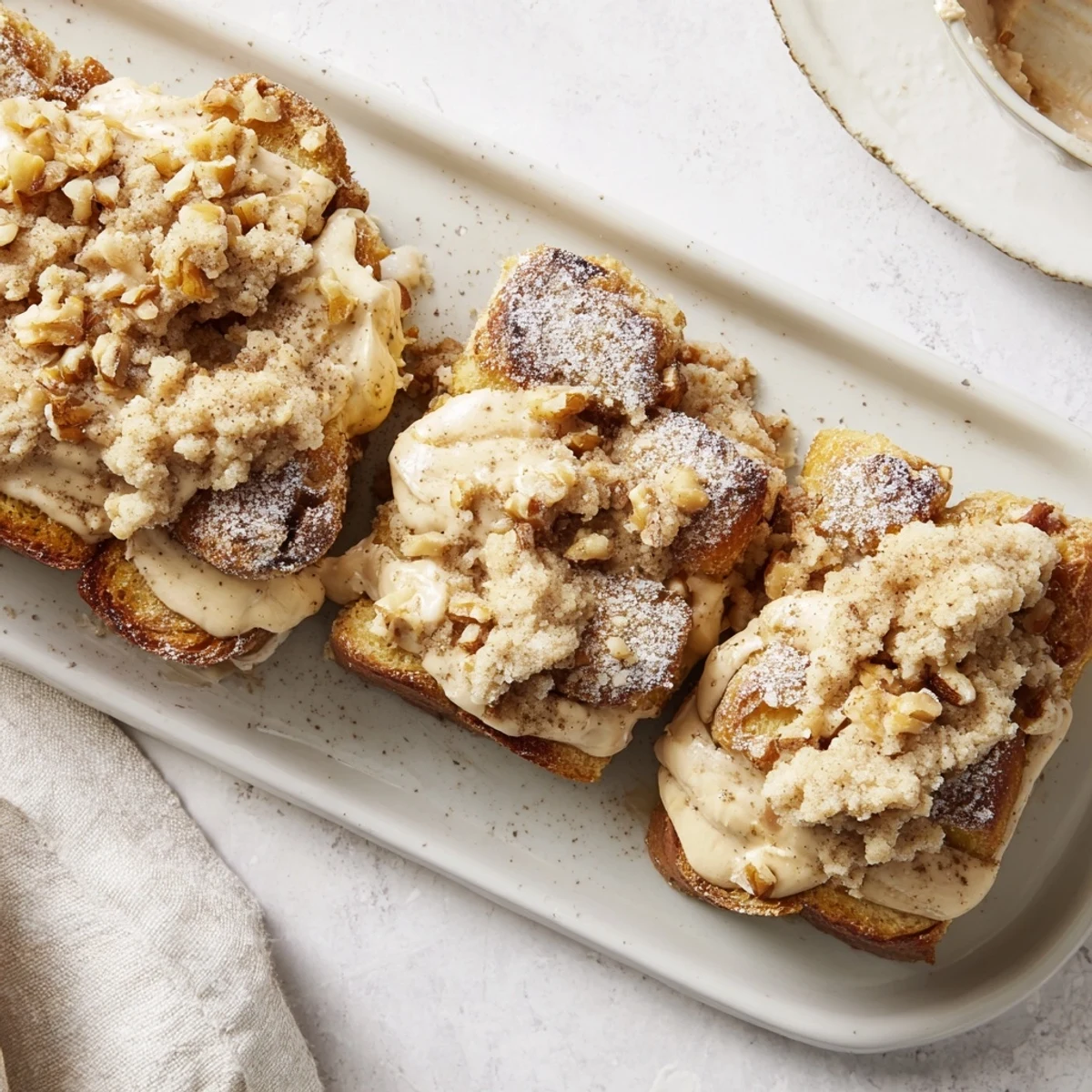 Fluffy, custardy Baked French Toast Casserole ready to serve, with cinnamon-spiced streusel topping, delicious!