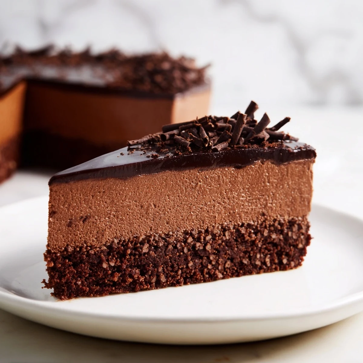 Silky layers of chocolate mousse cake, perfect for a special celebration dessert.