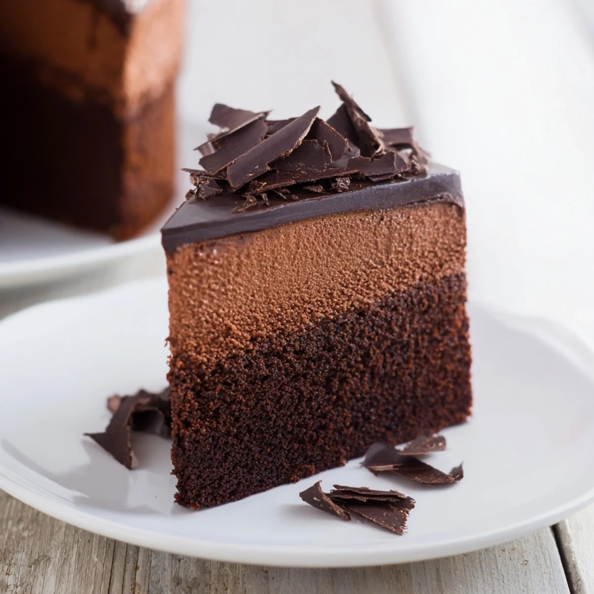 Rich and decadent chocolate mousse cake, with glossy ganache, promises a luxurious treat.
