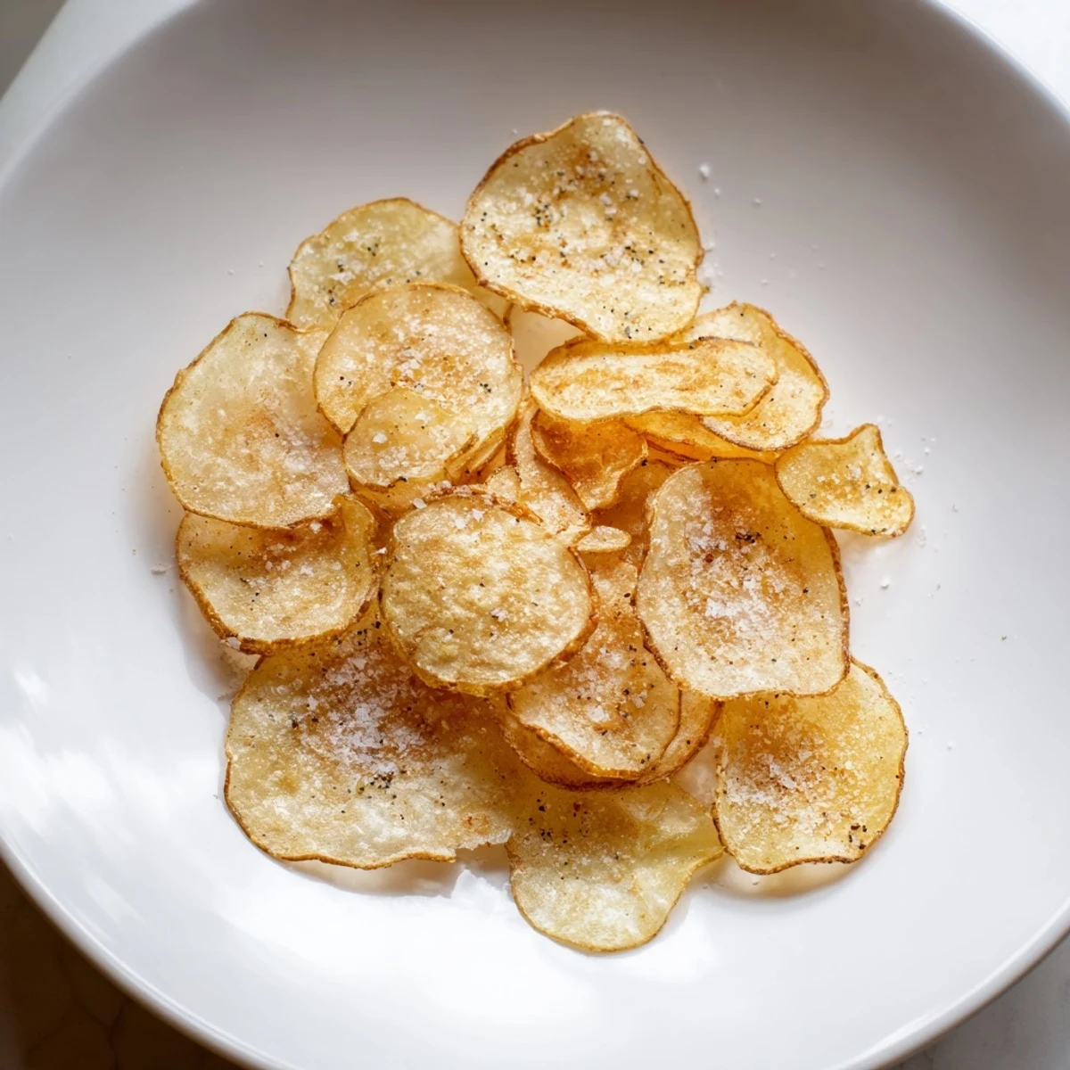 Freshly fried potato chips, visibly golden and crunchy, a delightful snack for any occasion.