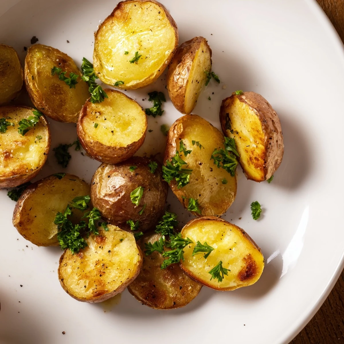 Crispy golden Salt & Garlic Roasted Potatoes, ready to serve with fresh parsley: a delicious side.