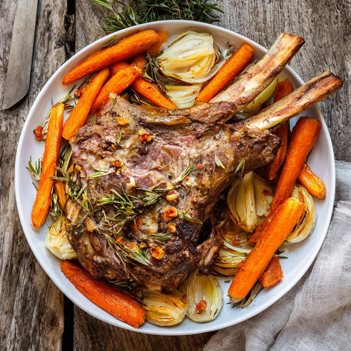 Tender slow roasted lamb shoulder, glistening and ready, served with roasted vegetables.