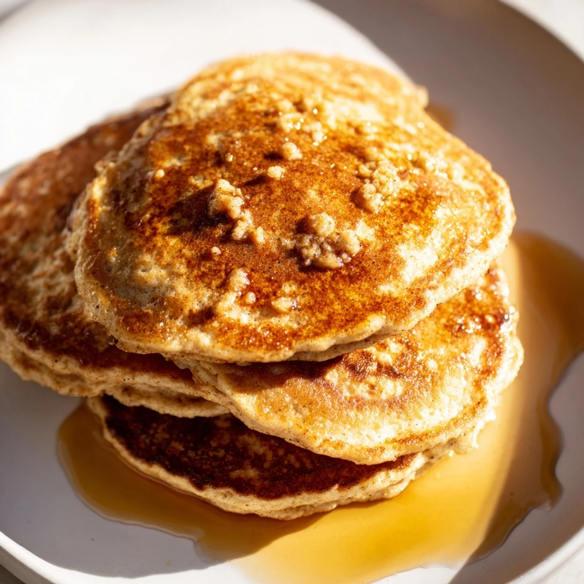 Fluffy Gingerbread Spiced Pancakes, golden brown and drizzled with maple syrup for breakfast.