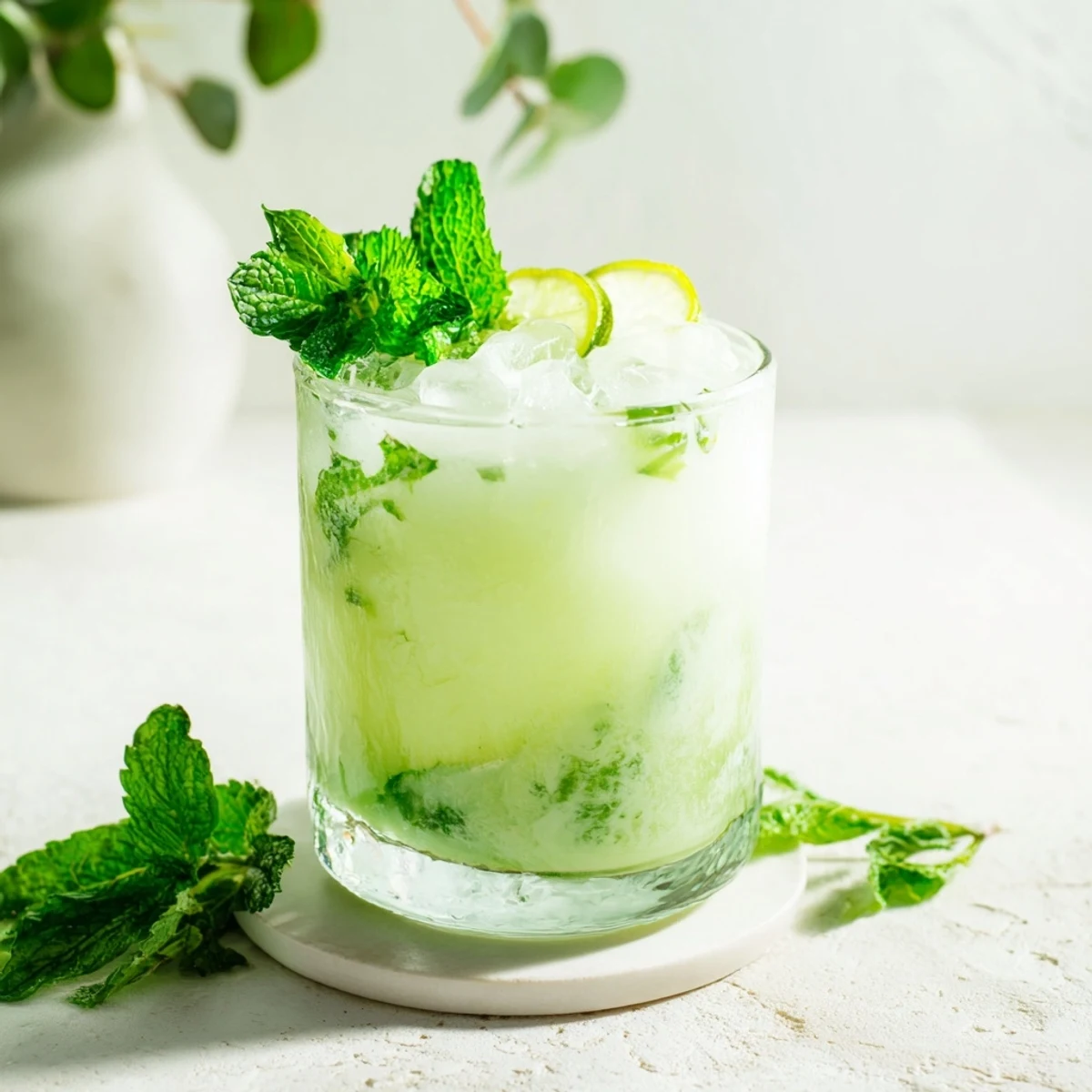 Refreshing Cool Peppermint drink, garnished with mint and lime slices, ideal for summer enjoyment.