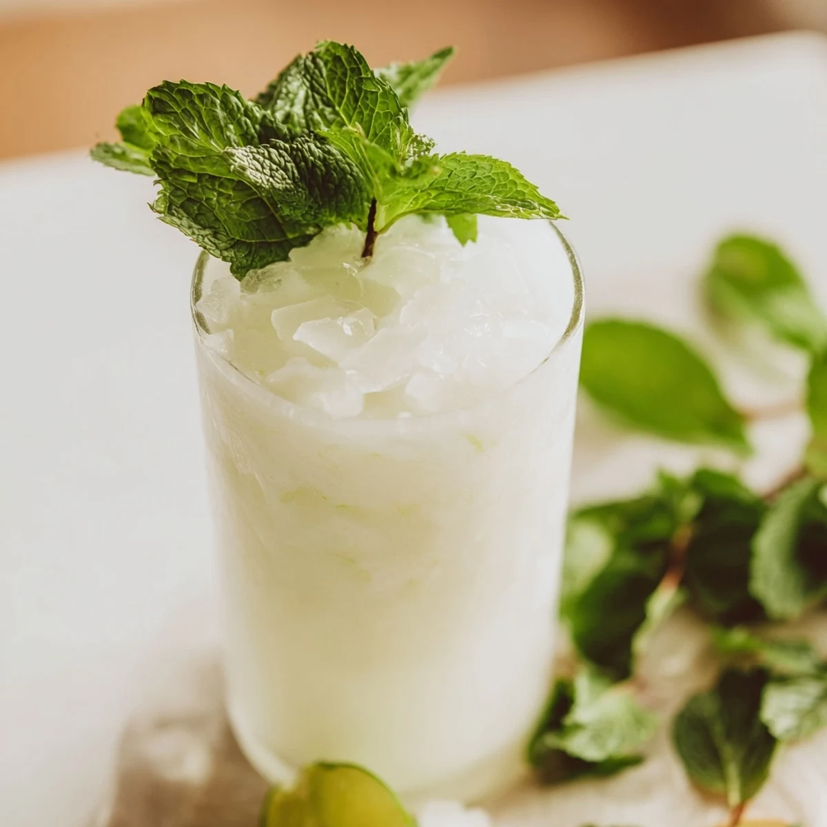 See the frothy texture of Cool Peppermint, a mint drink, ready for sipping on a warm afternoon.