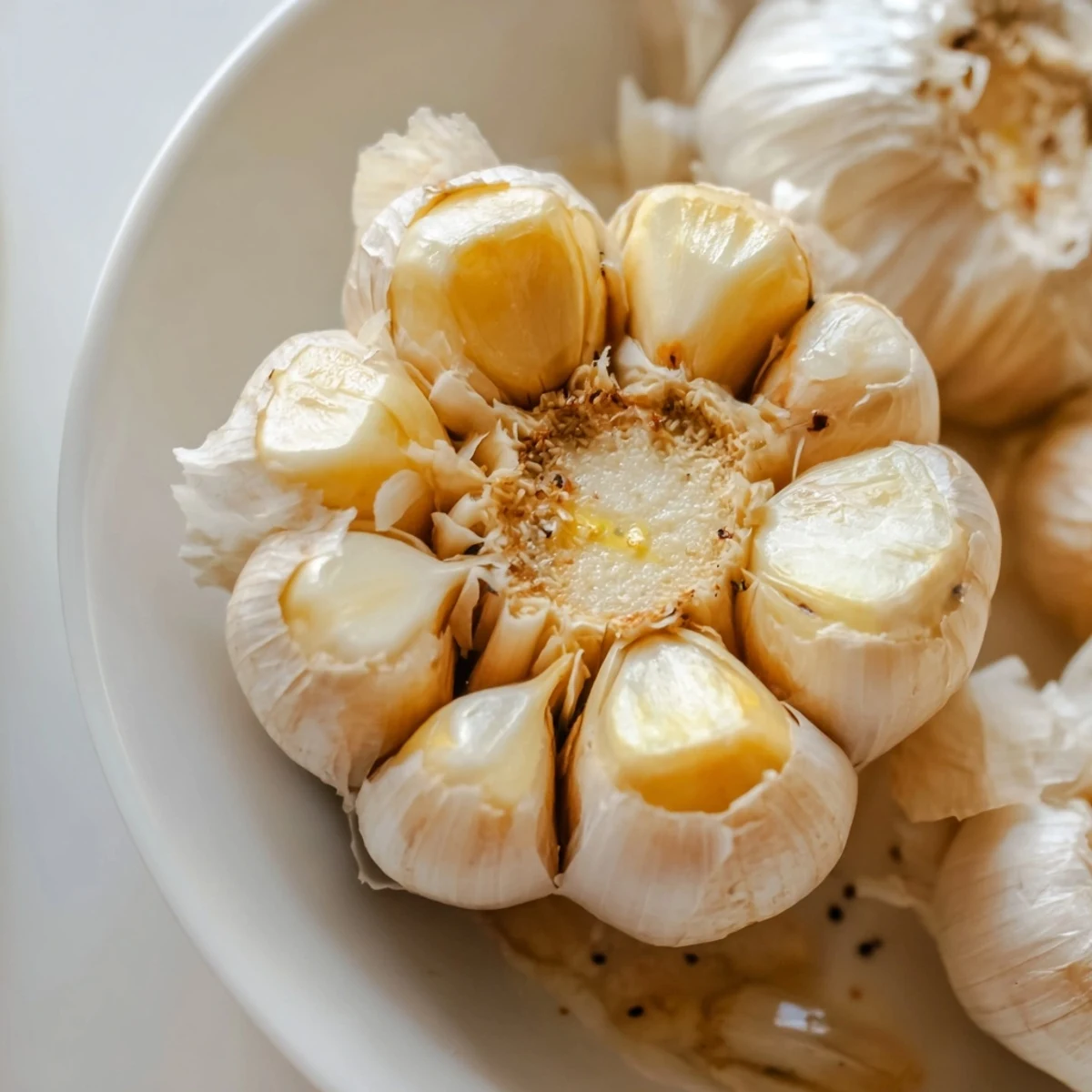 Close-up of roasted garlic, showing the creamy texture after 40 minutes in the oven.