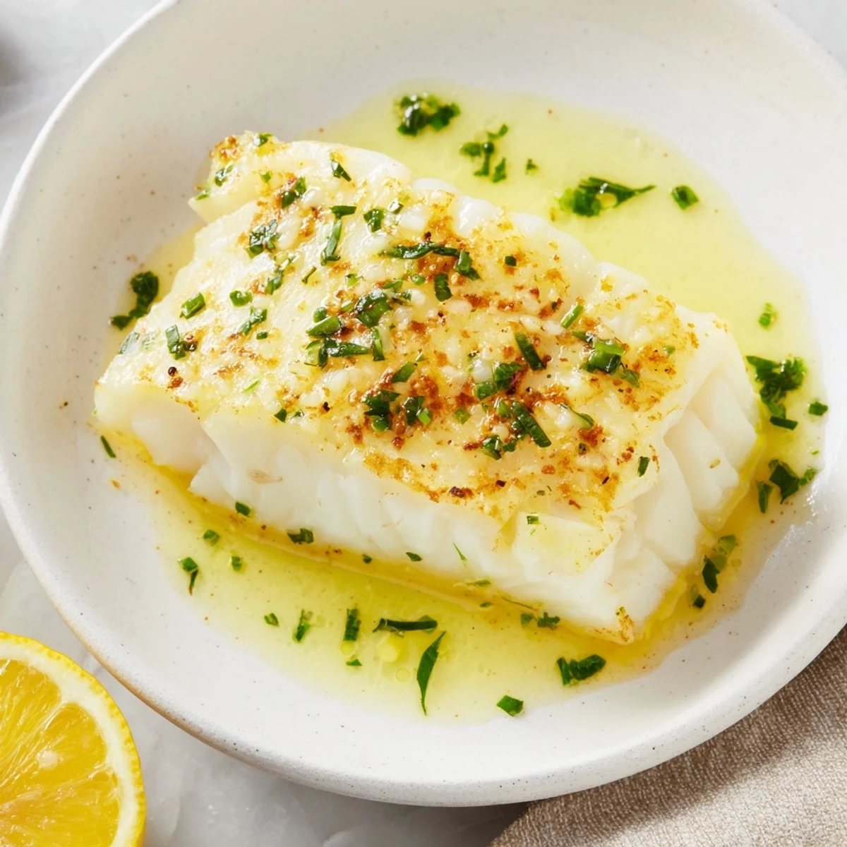 Flaky baked cod with lemon butter sauce glistening on the white plate next to lemon wedges.