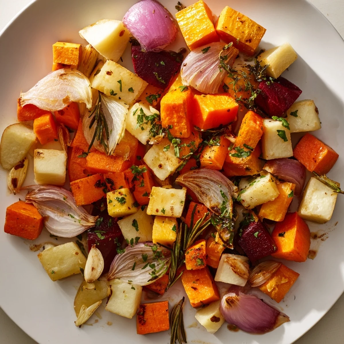 Golden, roasted Winter Vegetable Roast glistens with olive oil, ready for a comforting side.