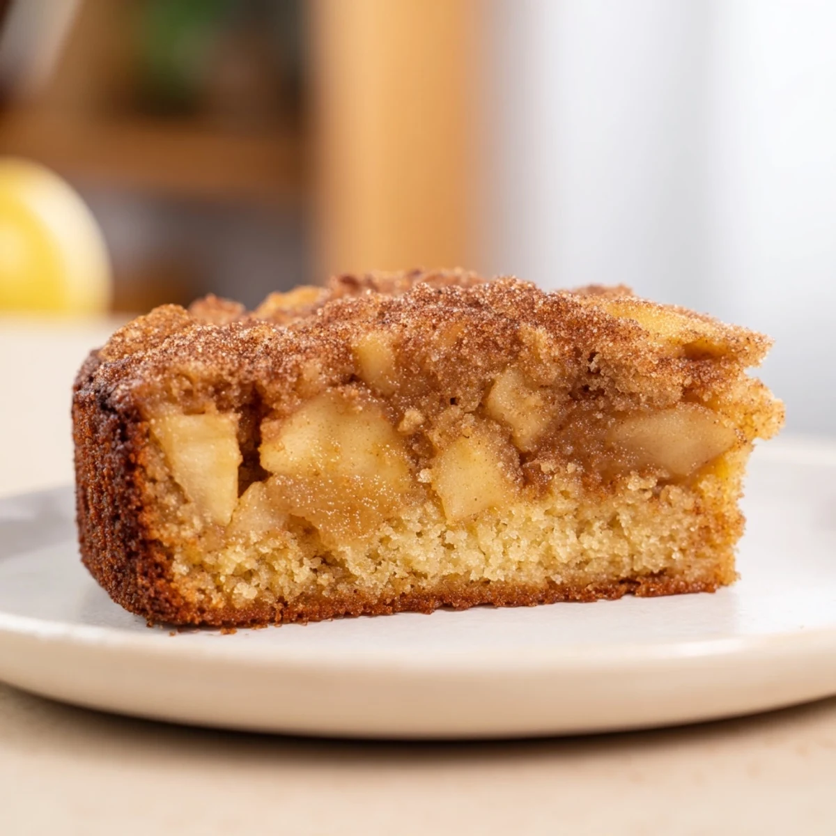 A slice of delicious spiced apple cake, perfect for a cozy afternoon dessert with friends.