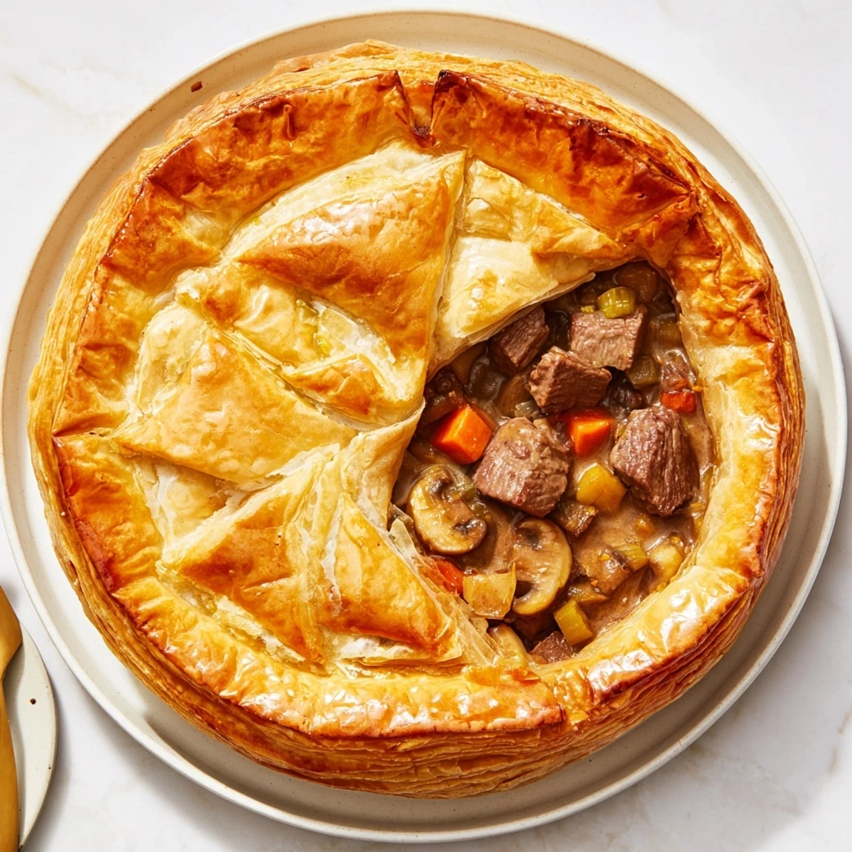 A golden and flaky Beef Pie with gravy, ready to serve and full of rich flavors.