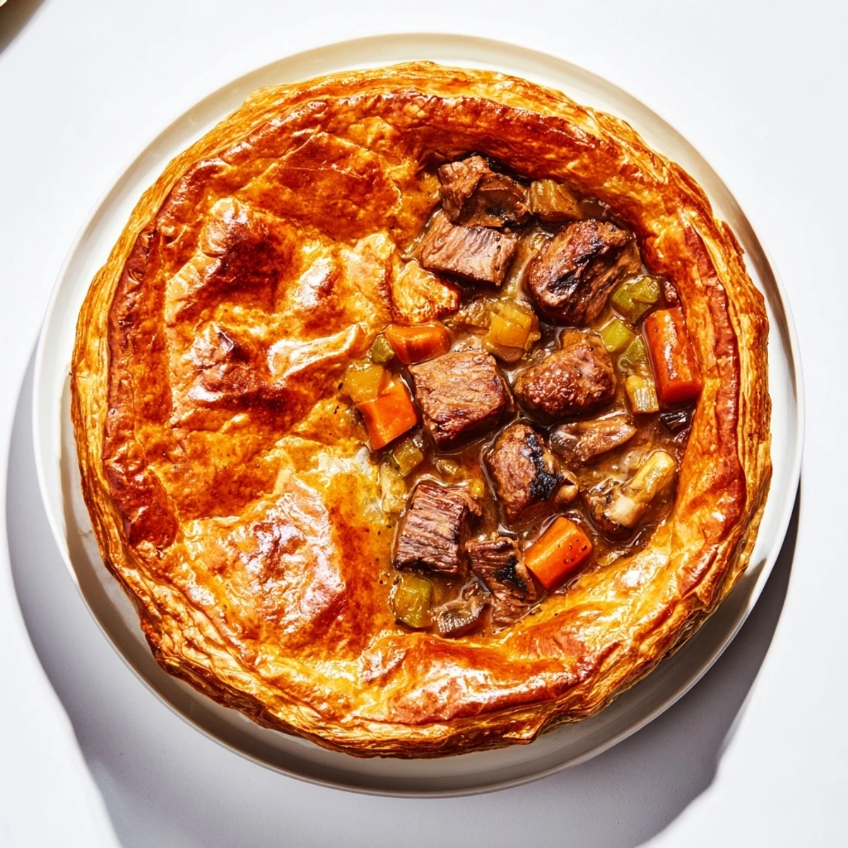Homemade Beef Pie with gravy: a close-up photo showcasing the hearty meat filling.