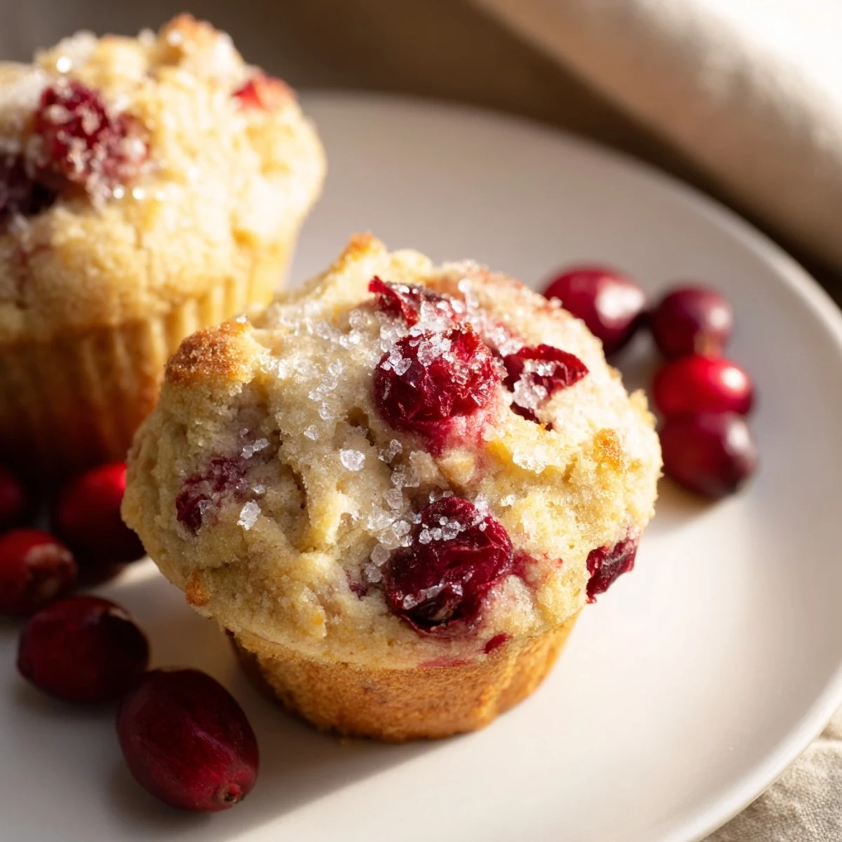 Cranberry muffins, golden and fluffy, speckled with bright red cranberries, ready to serve for breakfast.