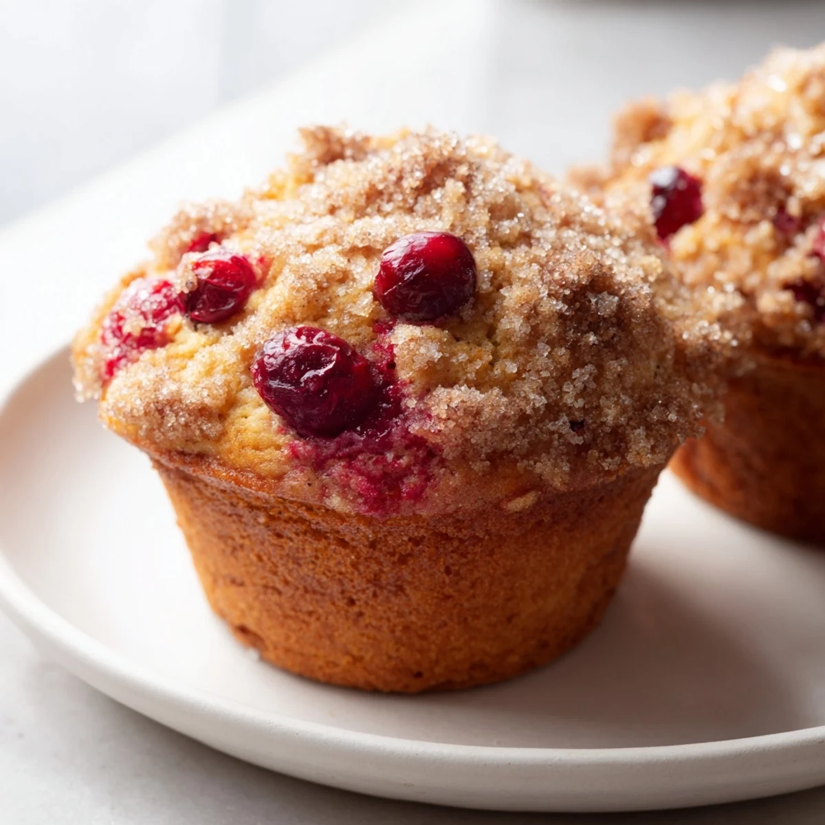 A close-up of freshly baked cranberry muffins, showing their soft interior and a sweet, sugary top.