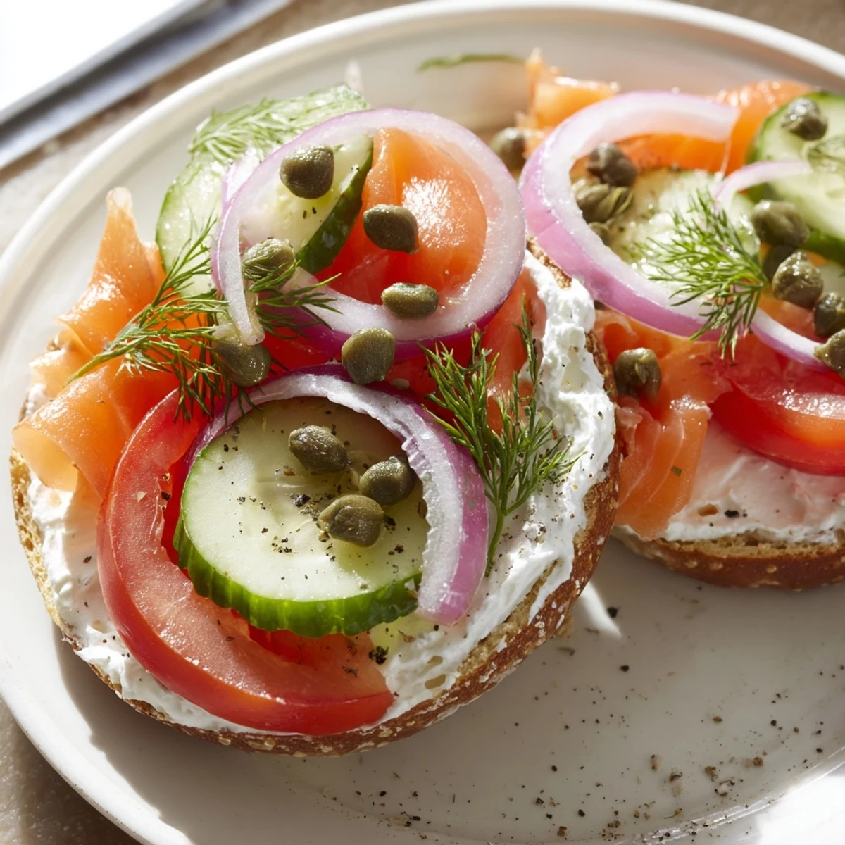 Beautifully arranged Smoked Salmon Bagel, featuring vibrant tomato and red onion slices.
