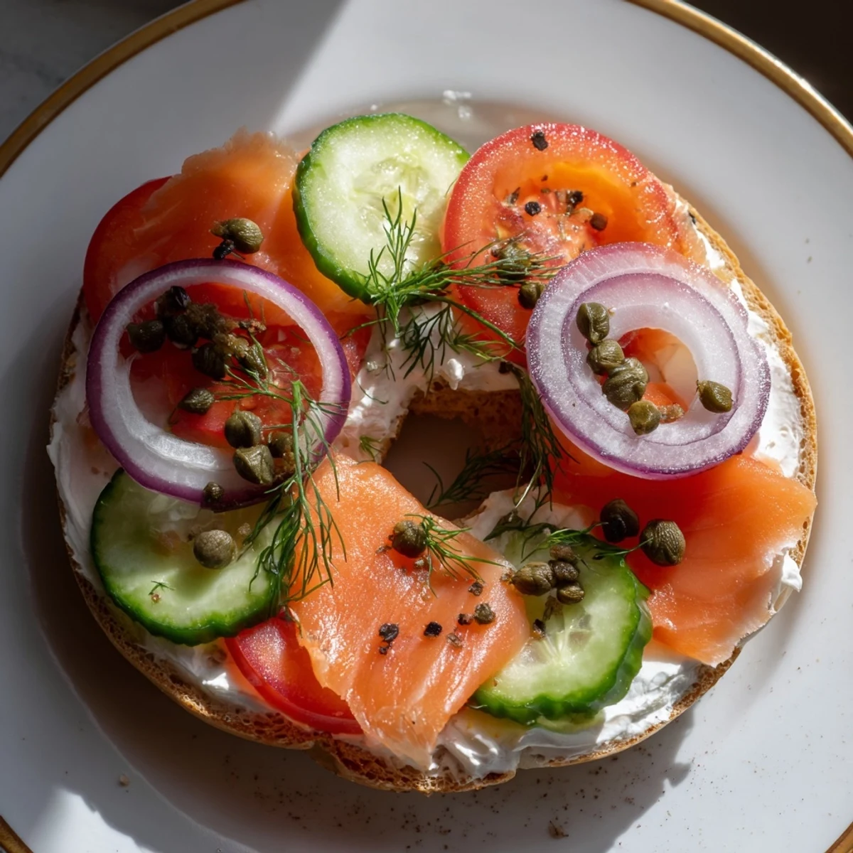 Smoked Salmon Bagel with creamy cheese and fresh dill, a classic American brunch.