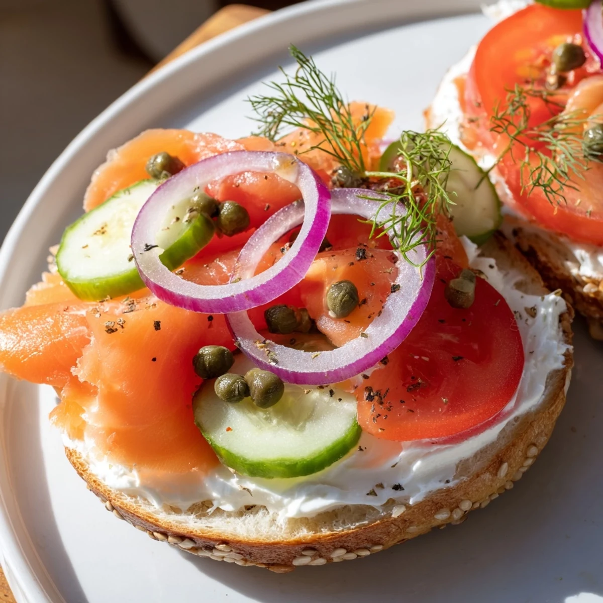 A close-up of a delightful Smoked Salmon Bagel, perfect for a quick and easy breakfast.