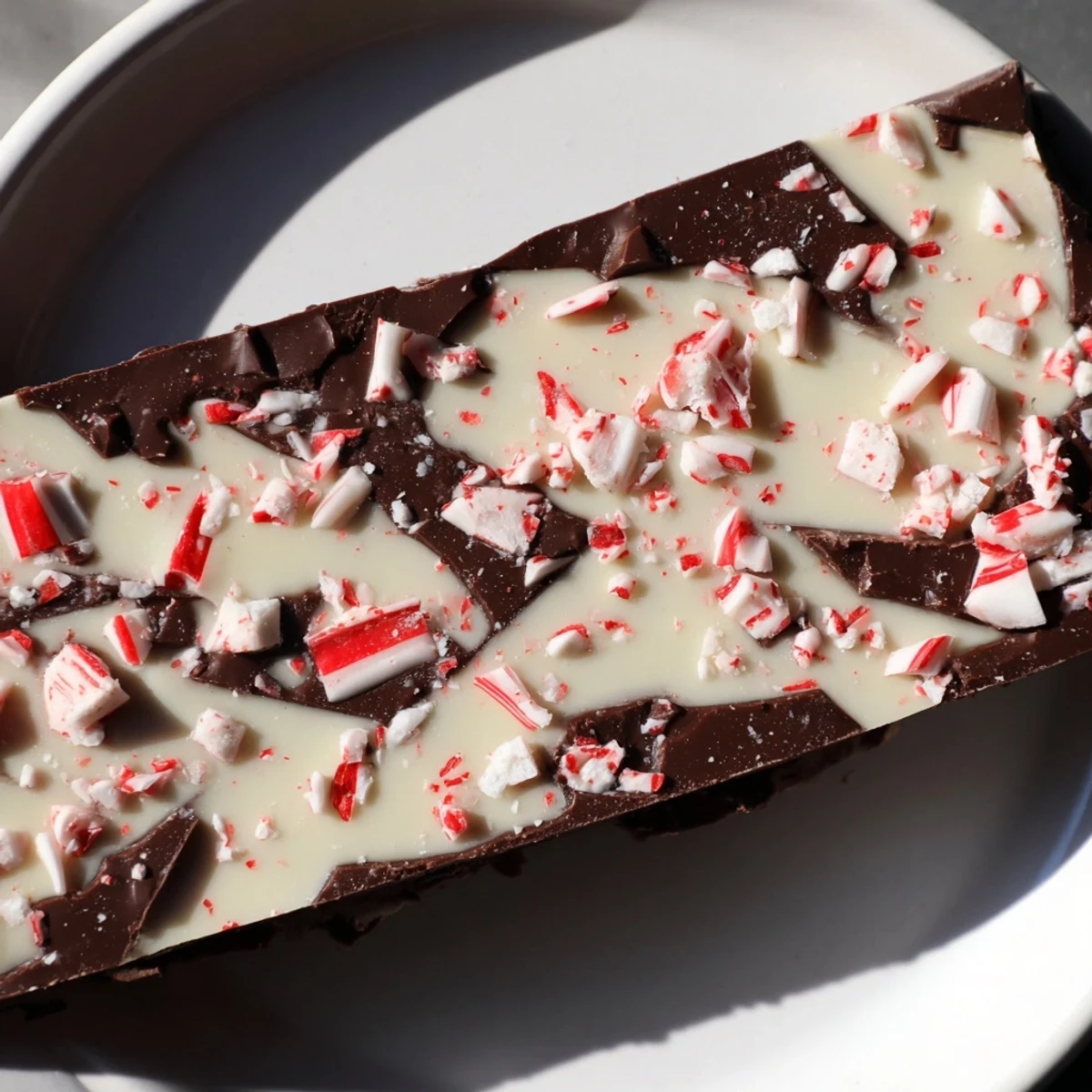 Dark chocolate base topped with crushed peppermint in this homemade Peppermint Bark.