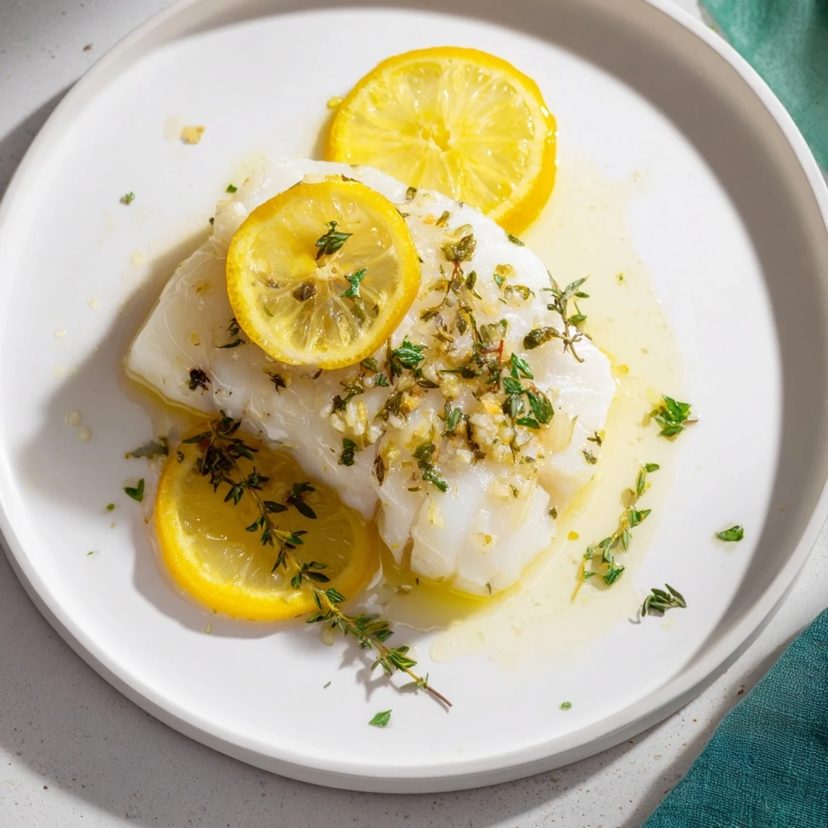Baked Hake with Lemon, tender, flaky fillets glistening with lemon slices and herbs, ready to serve.
