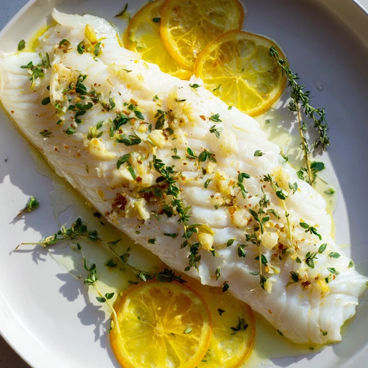 Golden-brown Baked Hake with Lemon, fresh from the oven, with parsley garnish, perfect for a healthy dinner.