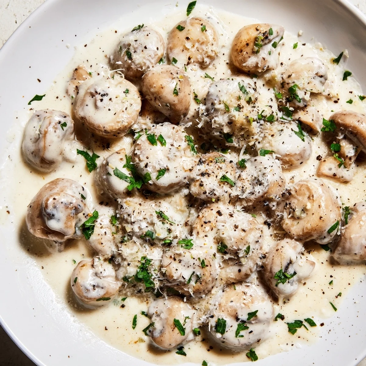 Aromatic creamy garlic mushrooms, a rich, savory side dish, ready to be served and enjoyed.