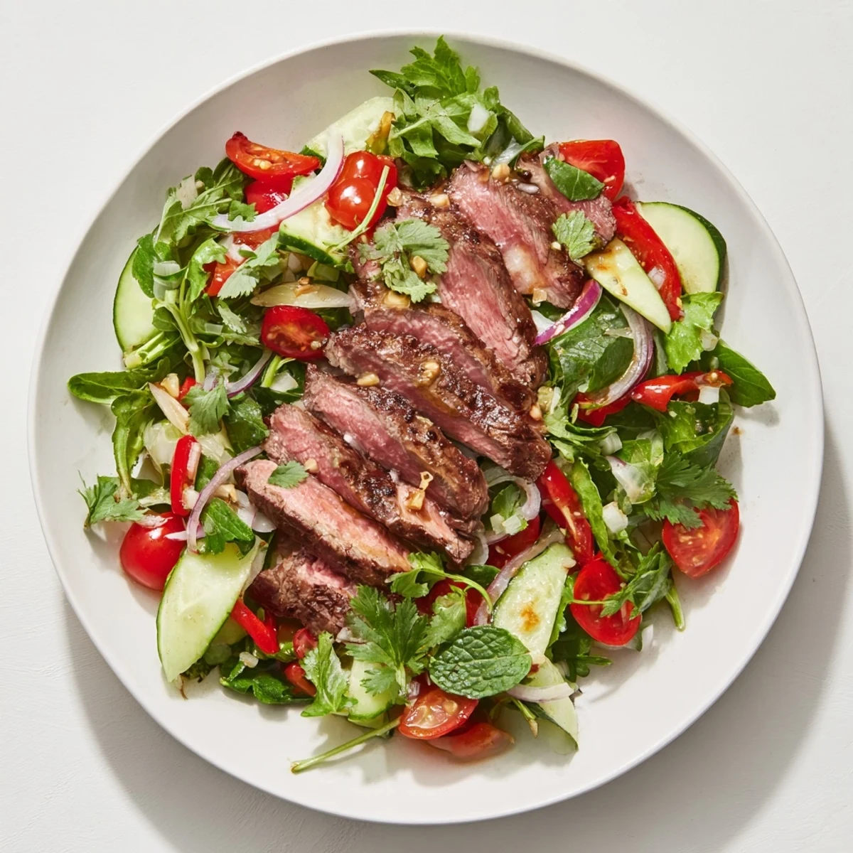 Beef Salad: Seared beef slices top a vibrant salad with a zesty dressing; a perfect light meal.