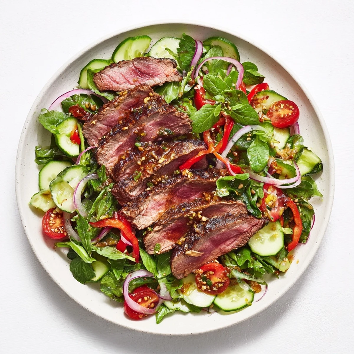 Freshly seared beef salad with crisp vegetables, drizzled with a delicious lime dressing, ready to enjoy.